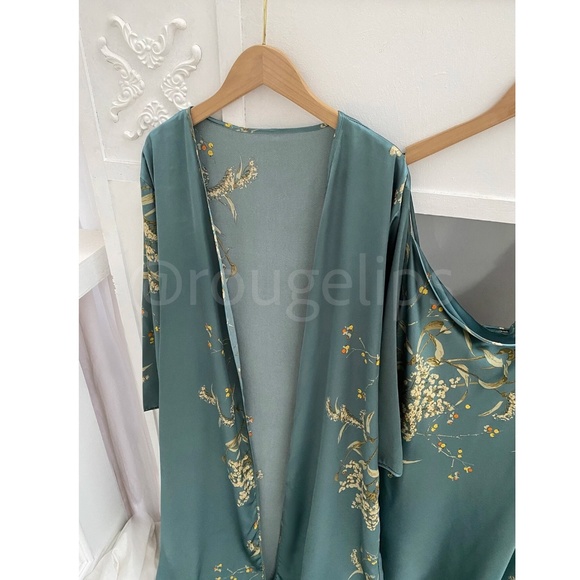 Dusty Teal Satin Pajama Lingerie Set of 5 Pieces - Picture 3 of 6